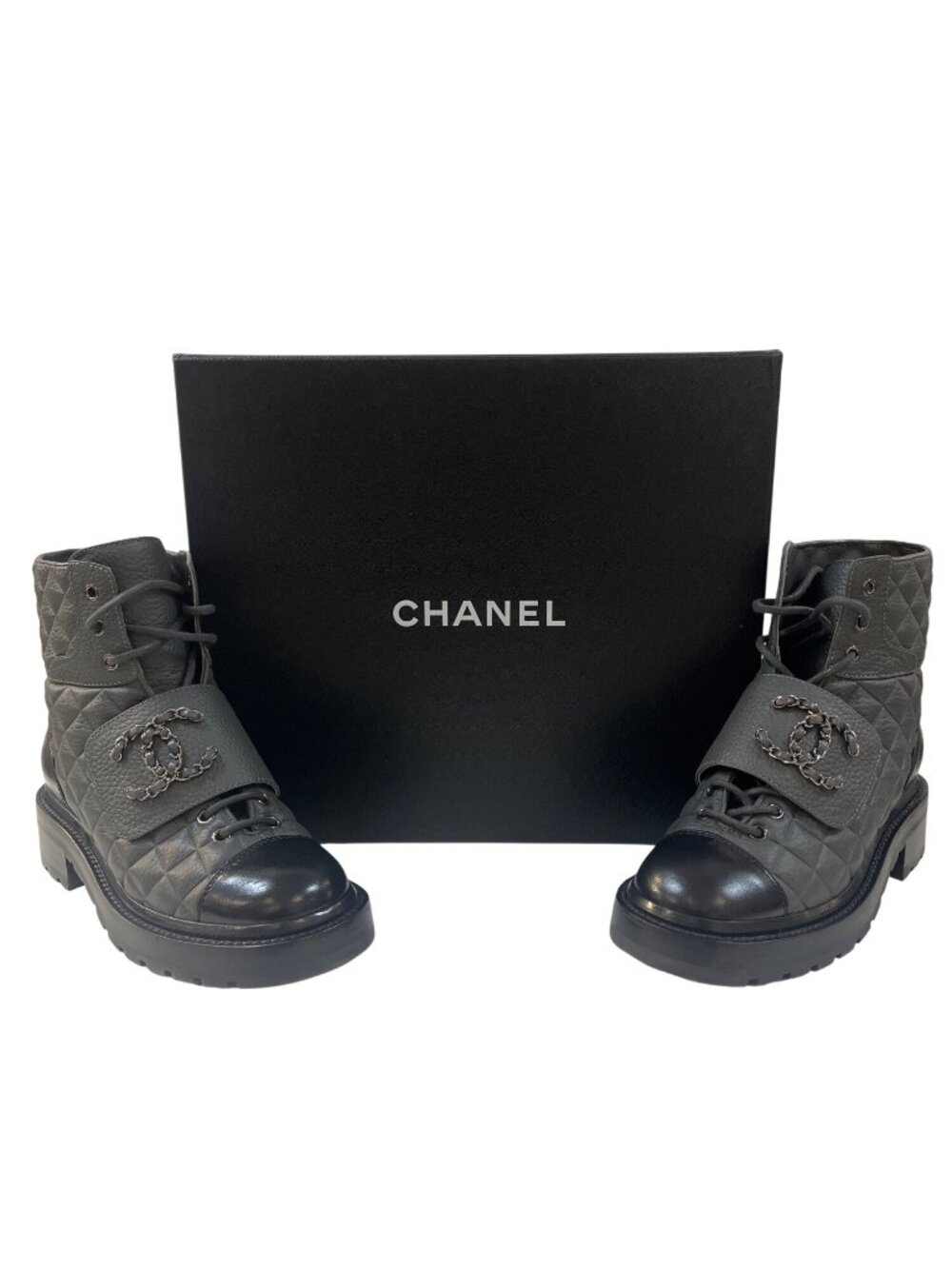 B-8. Chanel Quilted Combat Boot IT 37 US 6.5 Gray Black - Picture 14 of 16